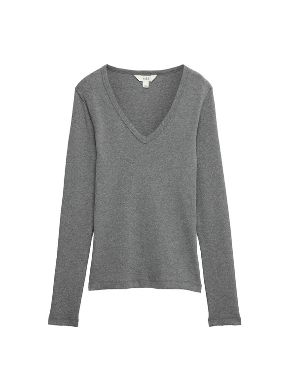 Marks & Spencer Žebrovaný top s výstřihem do V s vysokým obsahem bavlny Marks & Spencer šedá