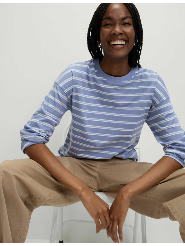 Marks & Spencer Pruhované tričko ke krku z čisté bavlny Marks & Spencer modrá