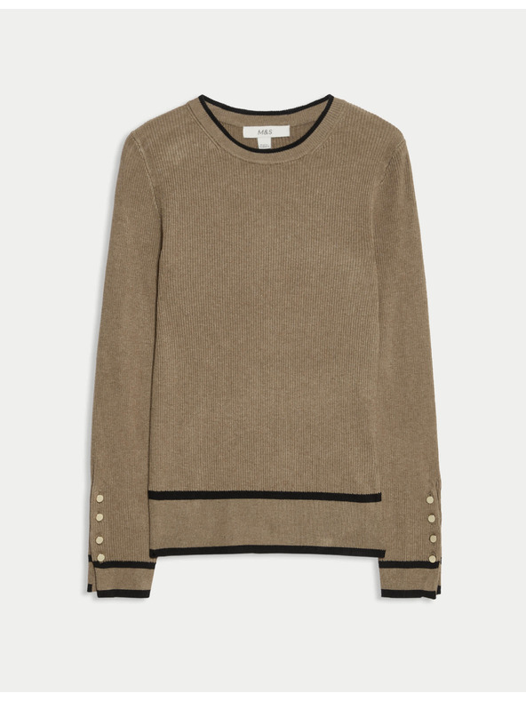 Marks & Spencer Žebrovaný svetr s výstřihem ke krku s kontrastními detaily Marks & Spencer hnědá