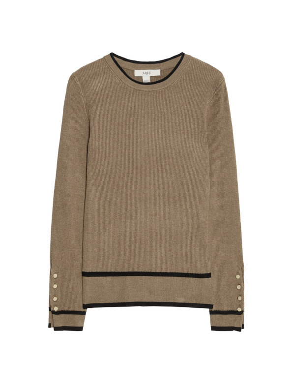 Marks & Spencer Žebrovaný svetr s výstřihem ke krku s kontrastními detaily Marks & Spencer hnědá