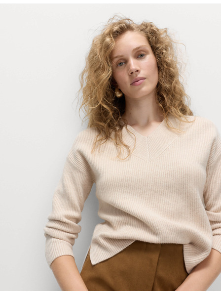 Marks & Spencer Žebrovaný volný svetr s výstřihem do V Marks & Spencer béžová