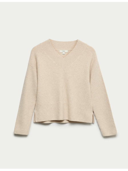 Marks & Spencer Žebrovaný volný svetr s výstřihem do V Marks & Spencer béžová