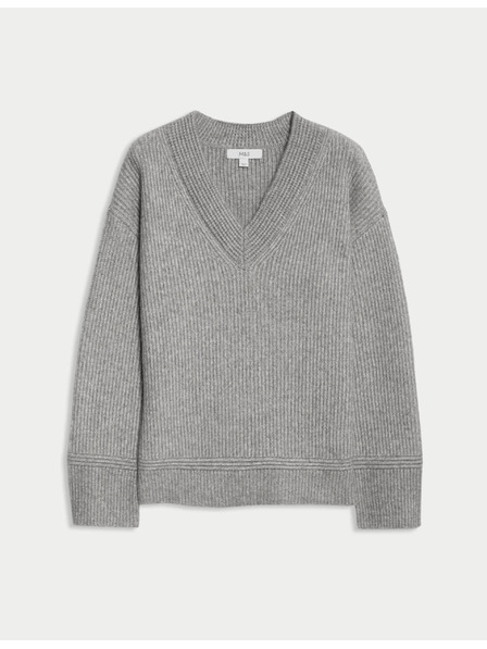 Marks & Spencer Žebrovaný svetr s výstřihem do V z měkoučké příze Marks & Spencer šedá