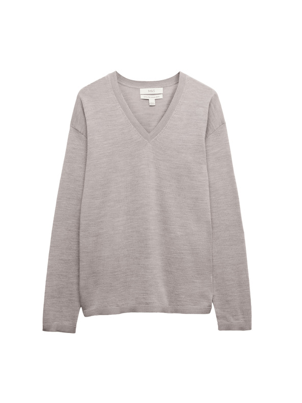 Marks & Spencer Svetr s výstřihem do V z vlny Merino Marks & Spencer béžová