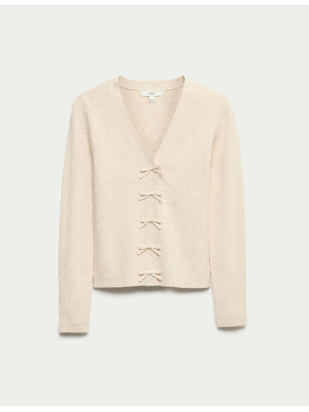 Marks & Spencer Kardigan s výstřihem do V, ozdobnou mašlí a žebrováním Marks & Spencer béžová