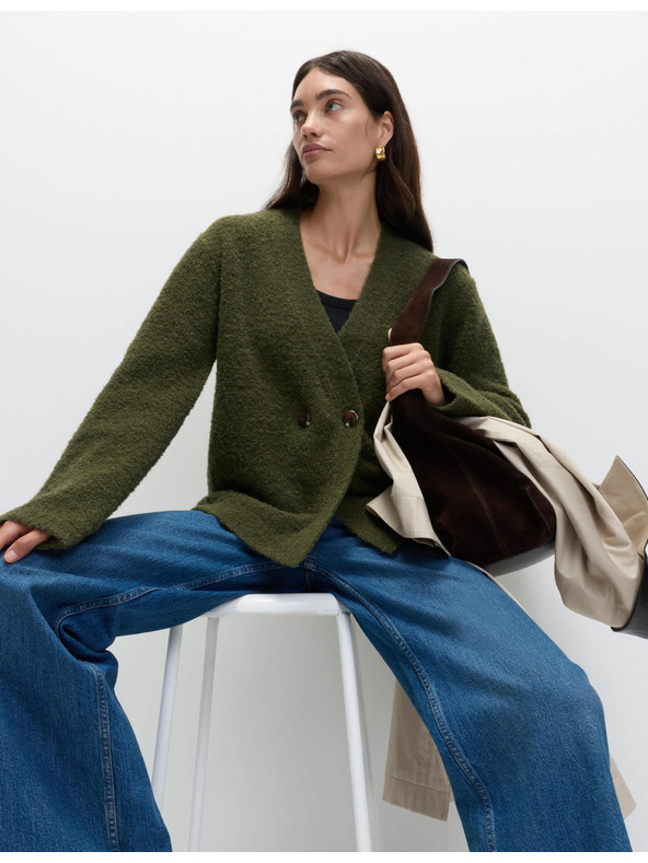 Marks & Spencer Kardigan z buklé, s knoflíky na přední straně a výstřihem do V, s obsahem vlny Marks & Spencer zelená