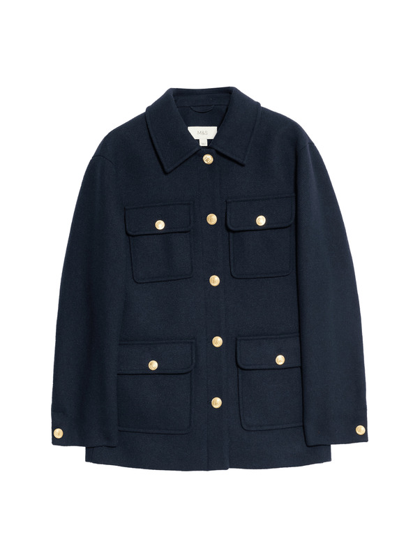 Marks & Spencer Praktická bunda s kapucí ze směsi vlny Marks & Spencer námořnická modrá