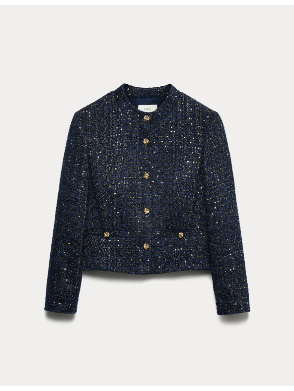 Marks & Spencer Třpytivý tvídový blejzr bez límce, s podílem vlny Marks & Spencer námořnická modrá
