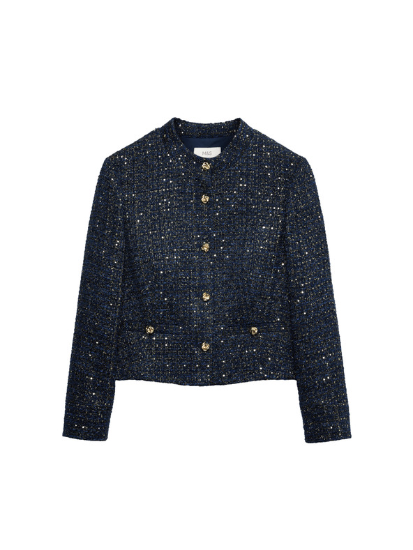 Marks & Spencer Třpytivý tvídový blejzr bez límce, s podílem vlny Marks & Spencer námořnická modrá