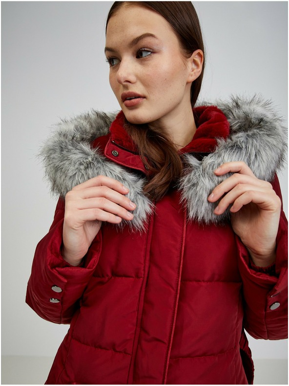 Orsay Vínový dámský péřový zimní kabát s kapucí a umělým kožíškem ORSAY