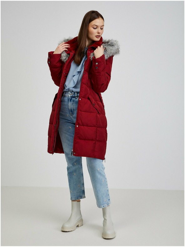 Orsay Vínový dámský péřový zimní kabát s kapucí a umělým kožíškem ORSAY