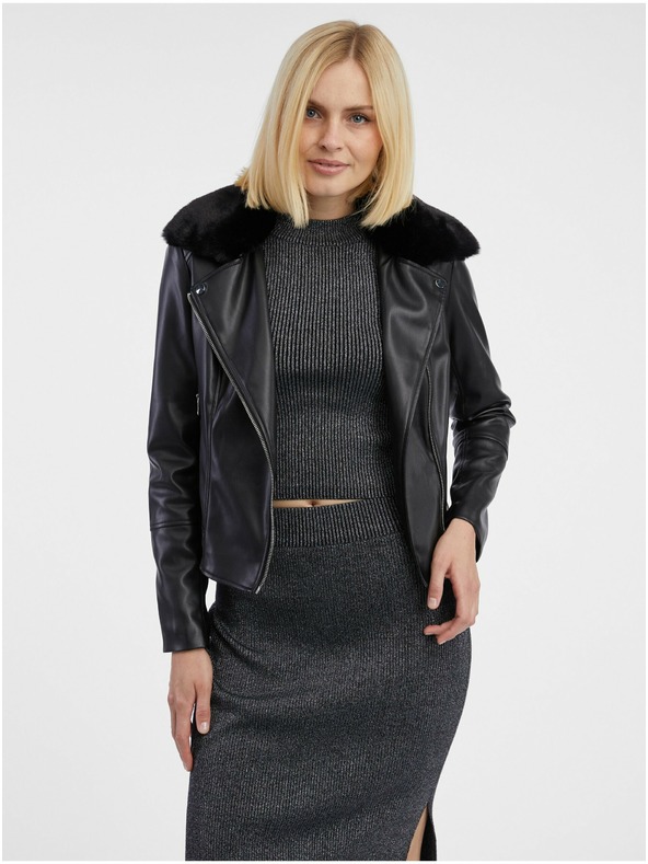 Orsay Černá dámská koženková bunda s umělým kožíškem ORSAY