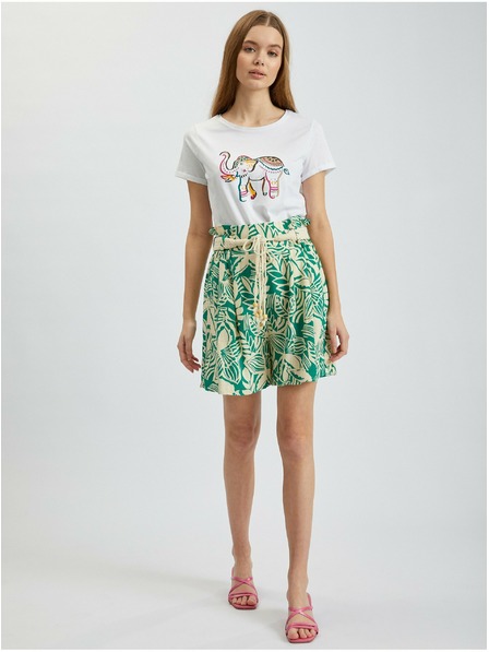 Orsay Krémovo-zelené dámské vzorované kraťasy s příměsí lnu ORSAY