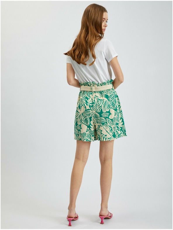 Orsay Krémovo-zelené dámské vzorované kraťasy s příměsí lnu ORSAY