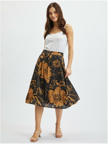 Orsay Hnědo-černá dámská květovaná saténová sukně ORSAY