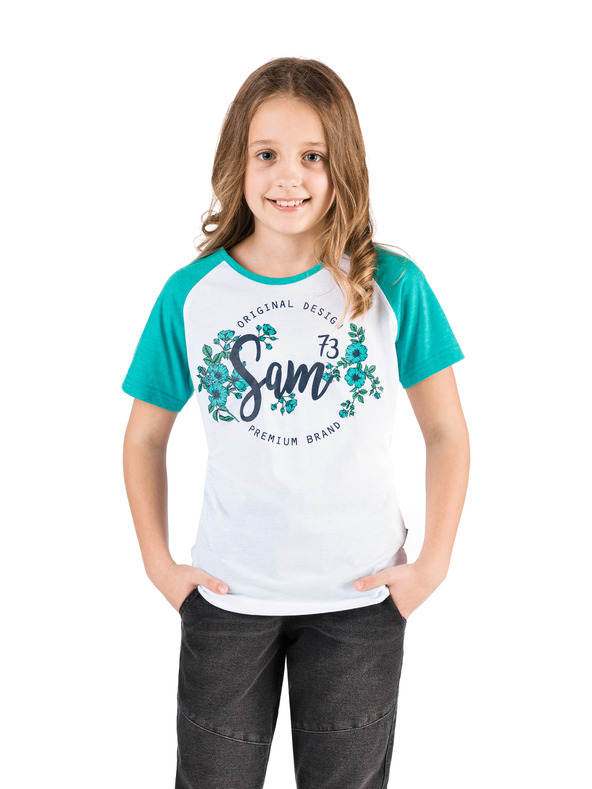 Sam 73 Zeleno-bílé holčičí tričko s potiskem SAM 73