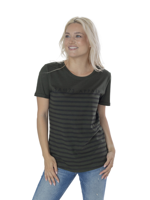 Sam 73 Černo-zelené dámské pruhované tričko SAM 73