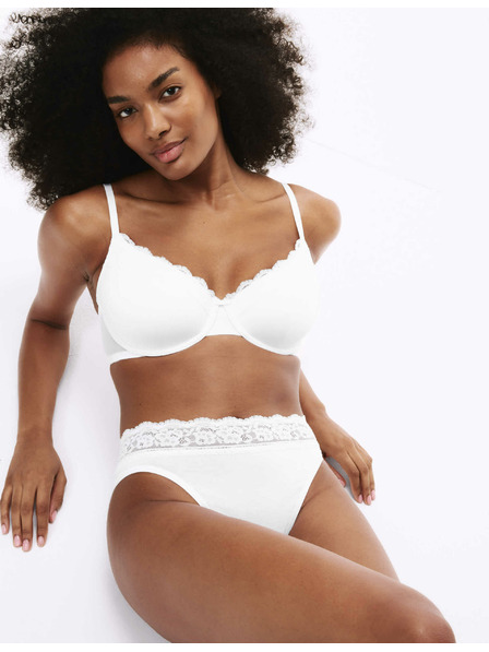 Marks & Spencer Krajkové kalhotky z bavlny s lycrou, 5 ks v balení Marks & Spencer bílá