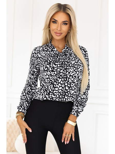 numoco Obchodní halenka s dlouhým rukávem a zavazováním vpředu - černobílý vzor