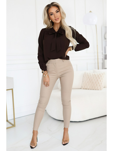 numoco Obchodní halenka s dlouhým rukávem a zavazováním vpředu - čokoládová