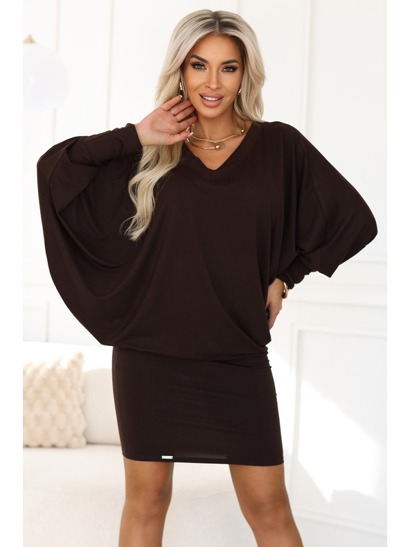 numoco Pohodlné netopýří šaty s dlouhým rukávem - čokoládové