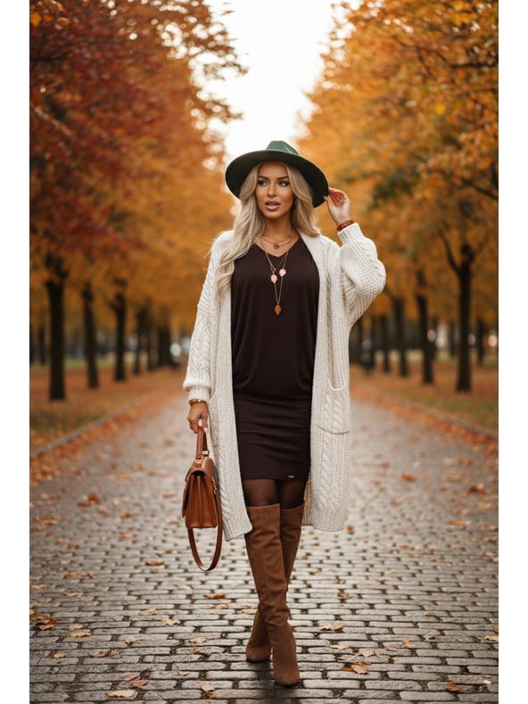 numoco Pohodlné netopýří šaty s dlouhým rukávem - čokoládové