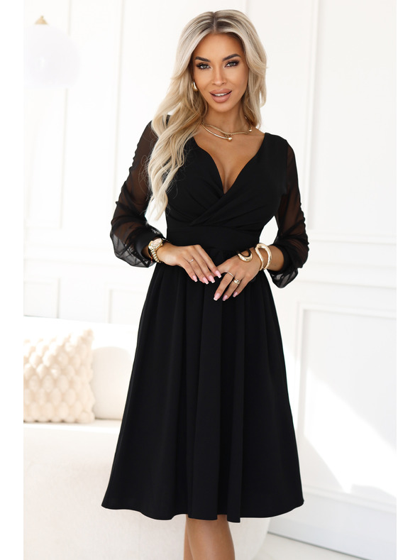 numoco Elegantní midi šaty s zavinovacím výstřihem a tylovými rukávy - černé