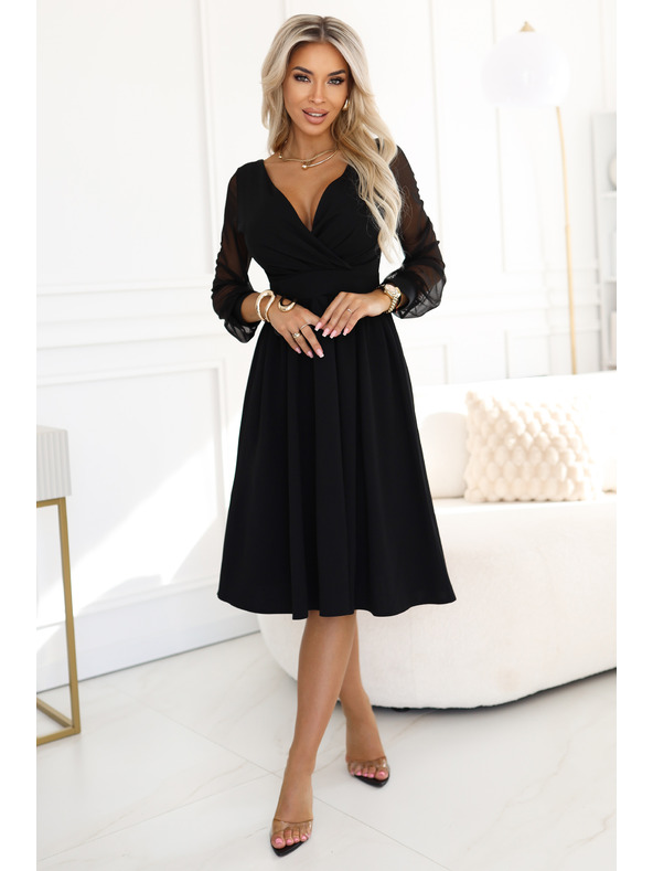 numoco Elegantní midi šaty s zavinovacím výstřihem a tylovými rukávy - černé