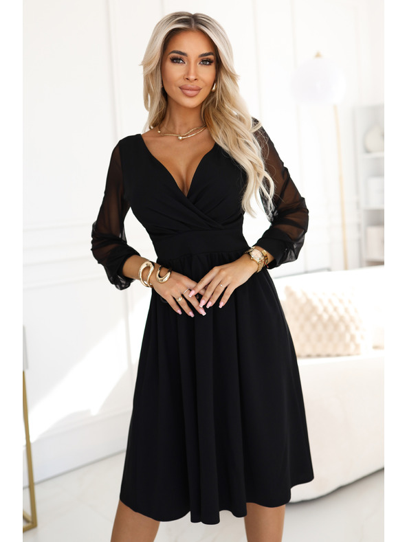numoco Elegantní midi šaty s zavinovacím výstřihem a tylovými rukávy - černé