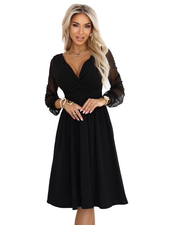 numoco Elegantní midi šaty s zavinovacím výstřihem a tylovými rukávy - černé