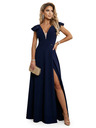 numoco Elegantní maxi šaty s volánky, hlubokým výstřihem a rozparkem na nohavici - tmavě modré