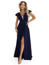 numoco Elegantní maxi šaty s volánky, hlubokým výstřihem a rozparkem na nohavici - tmavě modré