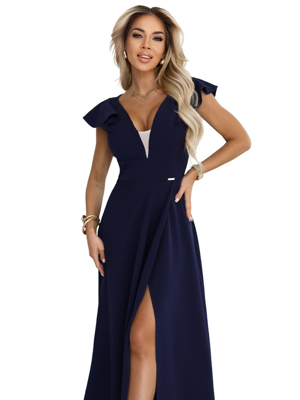 numoco Elegantní maxi šaty s volánky, hlubokým výstřihem a rozparkem na nohavici - tmavě modré