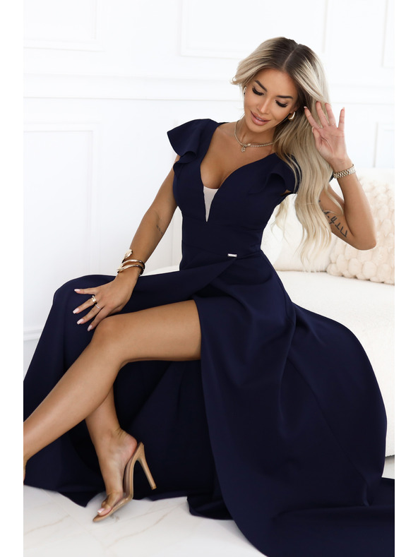 numoco Elegantní maxi šaty s volánky, hlubokým výstřihem a rozparkem na nohavici - tmavě modré