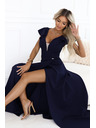 numoco Elegantní maxi šaty s volánky, hlubokým výstřihem a rozparkem na nohavici - tmavě modré