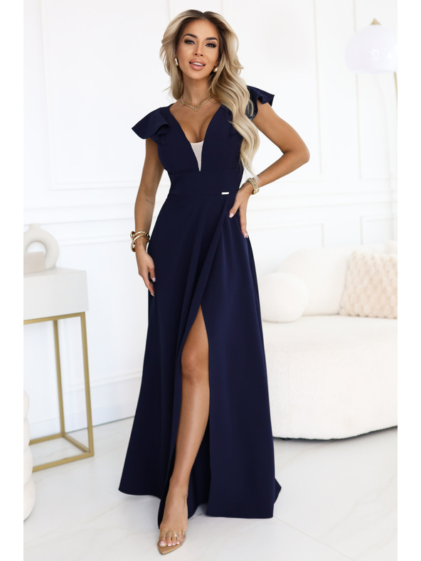 numoco Elegantní maxi šaty s volánky, hlubokým výstřihem a rozparkem na nohavici - tmavě modré