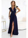 numoco Elegantní maxi šaty s volánky, hlubokým výstřihem a rozparkem na nohavici - tmavě modré