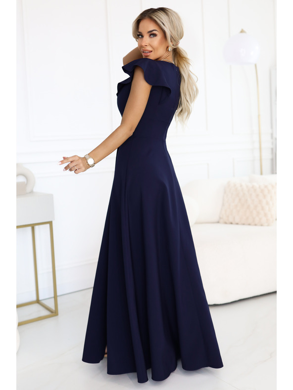 numoco Elegantní maxi šaty s volánky, hlubokým výstřihem a rozparkem na nohavici - tmavě modré