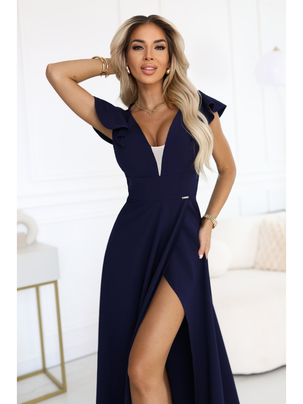 numoco Elegantní maxi šaty s volánky, hlubokým výstřihem a rozparkem na nohavici - tmavě modré