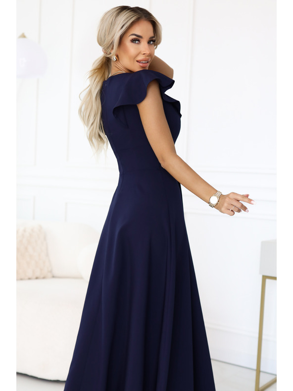 numoco Elegantní maxi šaty s volánky, hlubokým výstřihem a rozparkem na nohavici - tmavě modré