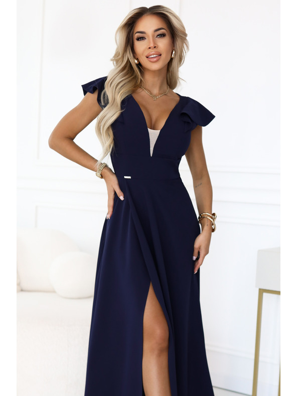 numoco Elegantní maxi šaty s volánky, hlubokým výstřihem a rozparkem na nohavici - tmavě modré