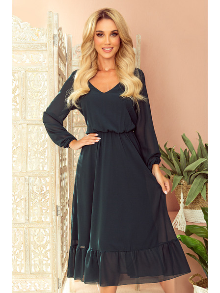 numoco Šifónové midi šaty s výstřihem a límcem - zelené