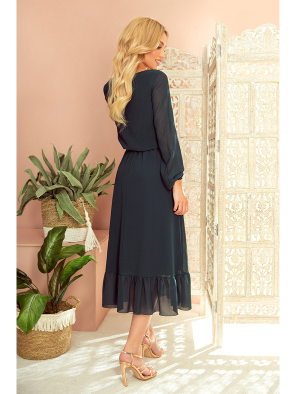 numoco Šifónové midi šaty s výstřihem a límcem - zelené