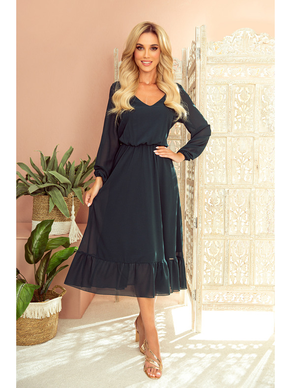 numoco Šifónové midi šaty s výstřihem a límcem - zelené