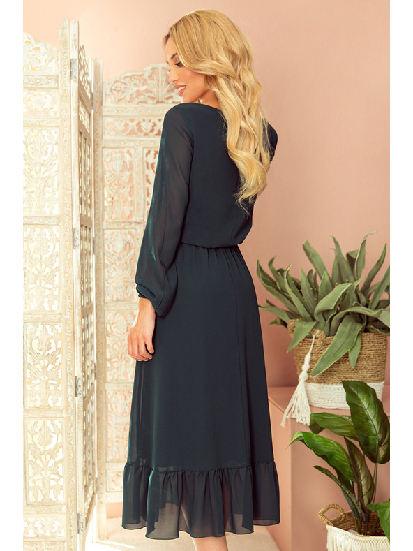 numoco Šifónové midi šaty s výstřihem a límcem - zelené