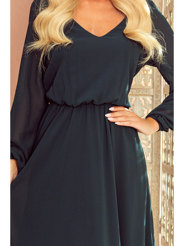 numoco Šifónové midi šaty s výstřihem a límcem - zelené