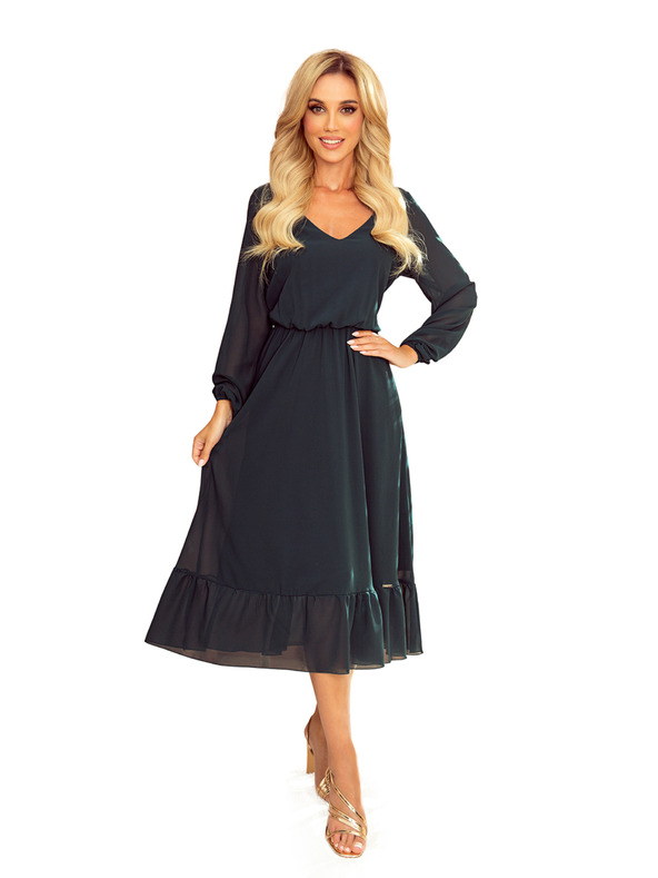 numoco Šifónové midi šaty s výstřihem a límcem - zelené