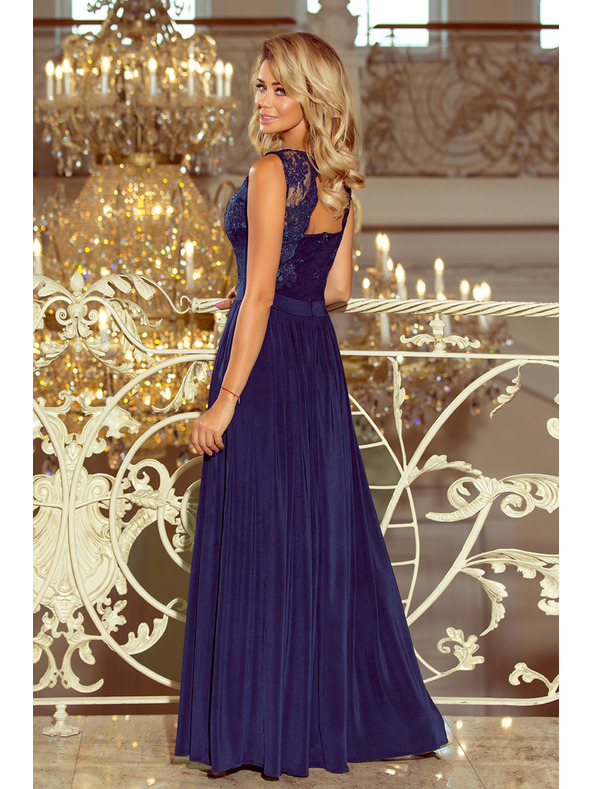 numoco LEA dlouhé šaty s vyšívaným výstřihem - tmavě modré