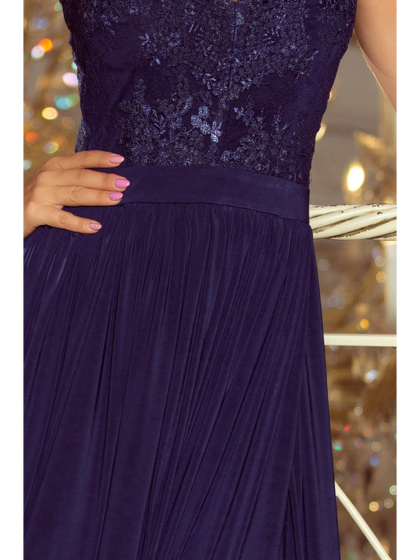 numoco LEA dlouhé šaty s vyšívaným výstřihem - tmavě modré