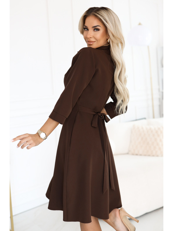 numoco SANDY Rozevláté košilové šaty s páskem - čokoládové